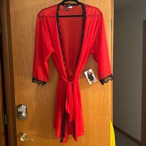 Dreamgirl womens Plus Size Soft sheer Spandex Jersey Robe With black Lace trim